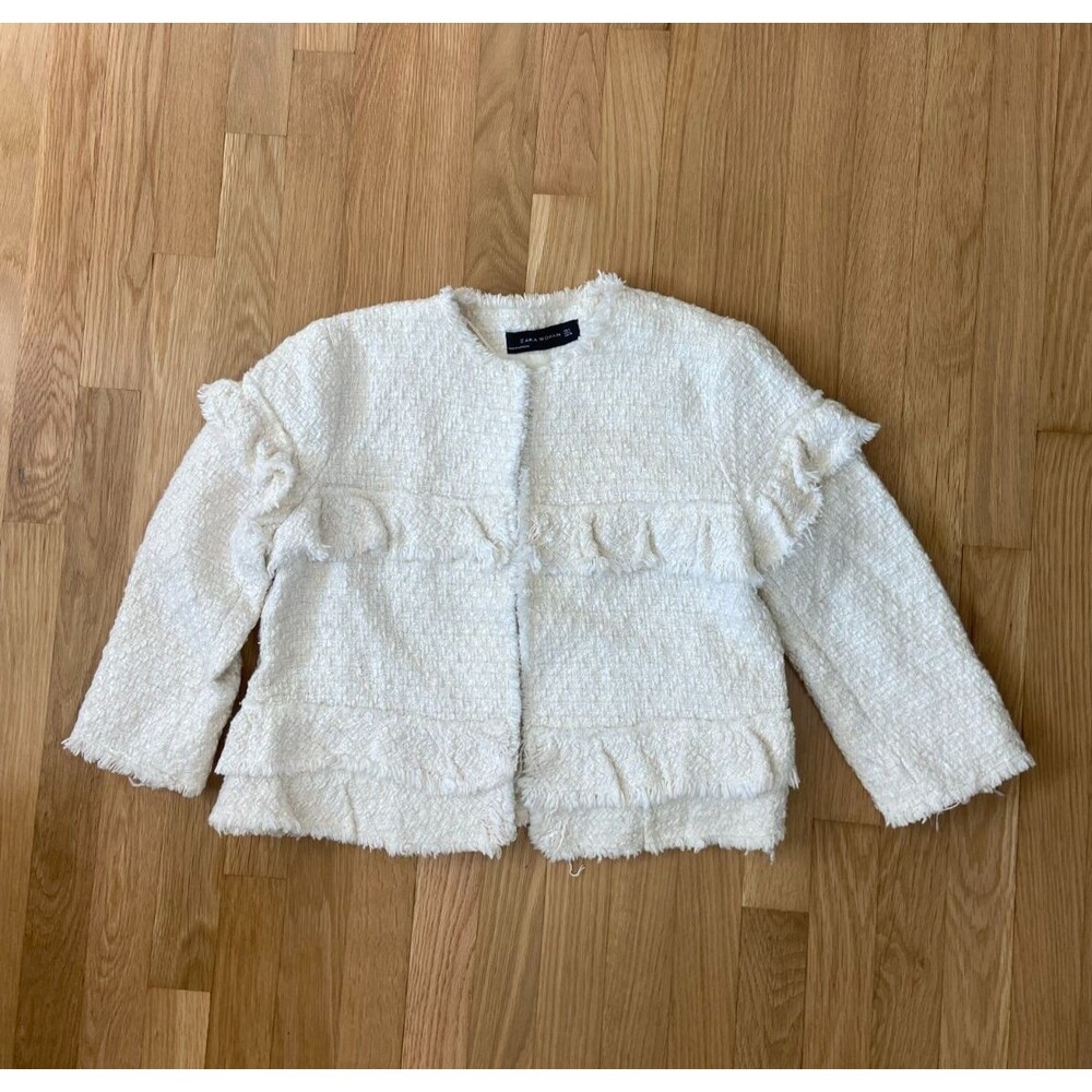 ZARA Womens L  Tweed Fringe Ruffles Cropped Blazer Jacket White Cream Open Front